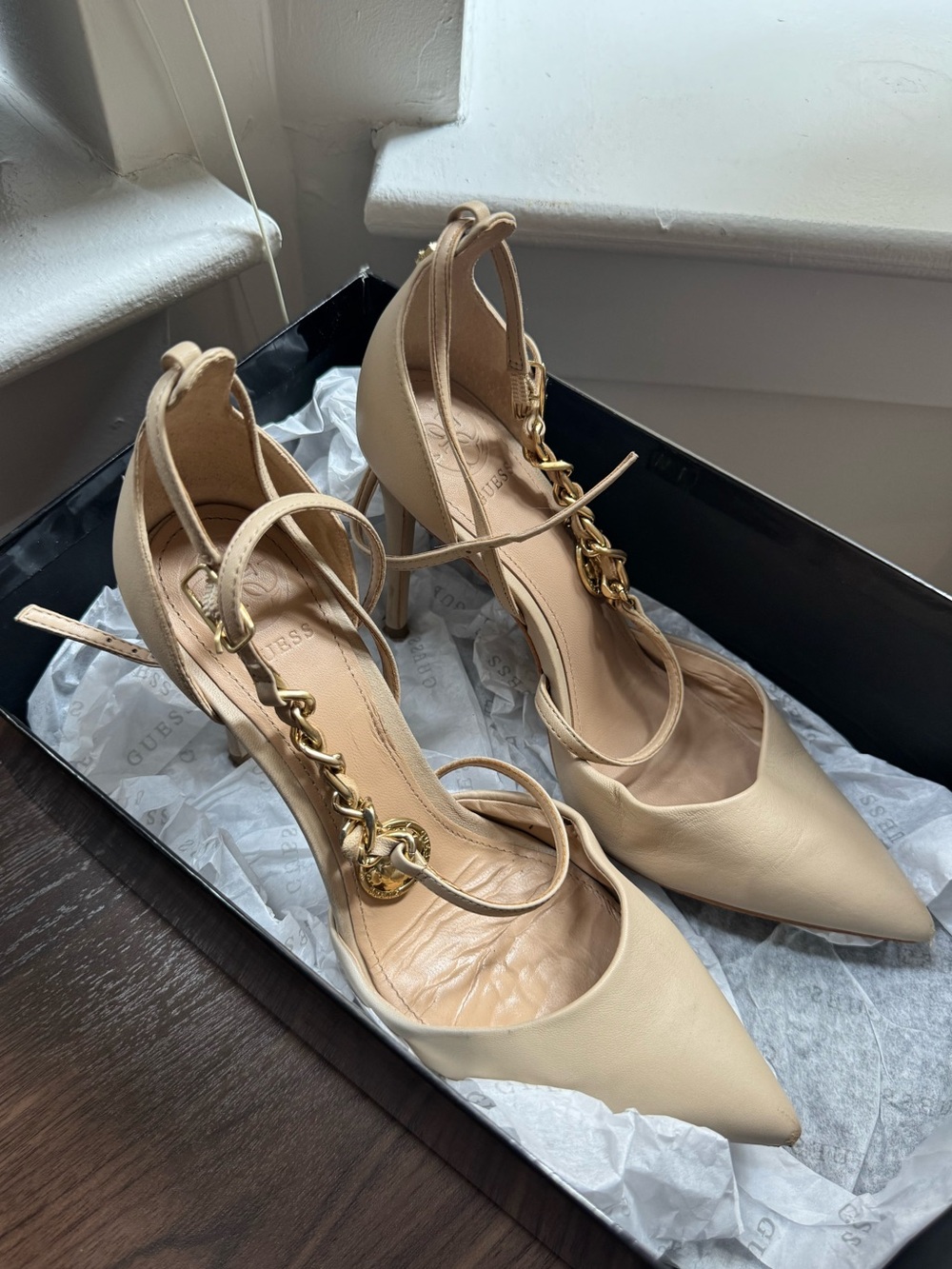 Guess Nude Pointed-Toe Chain Ankle-Strap Heels